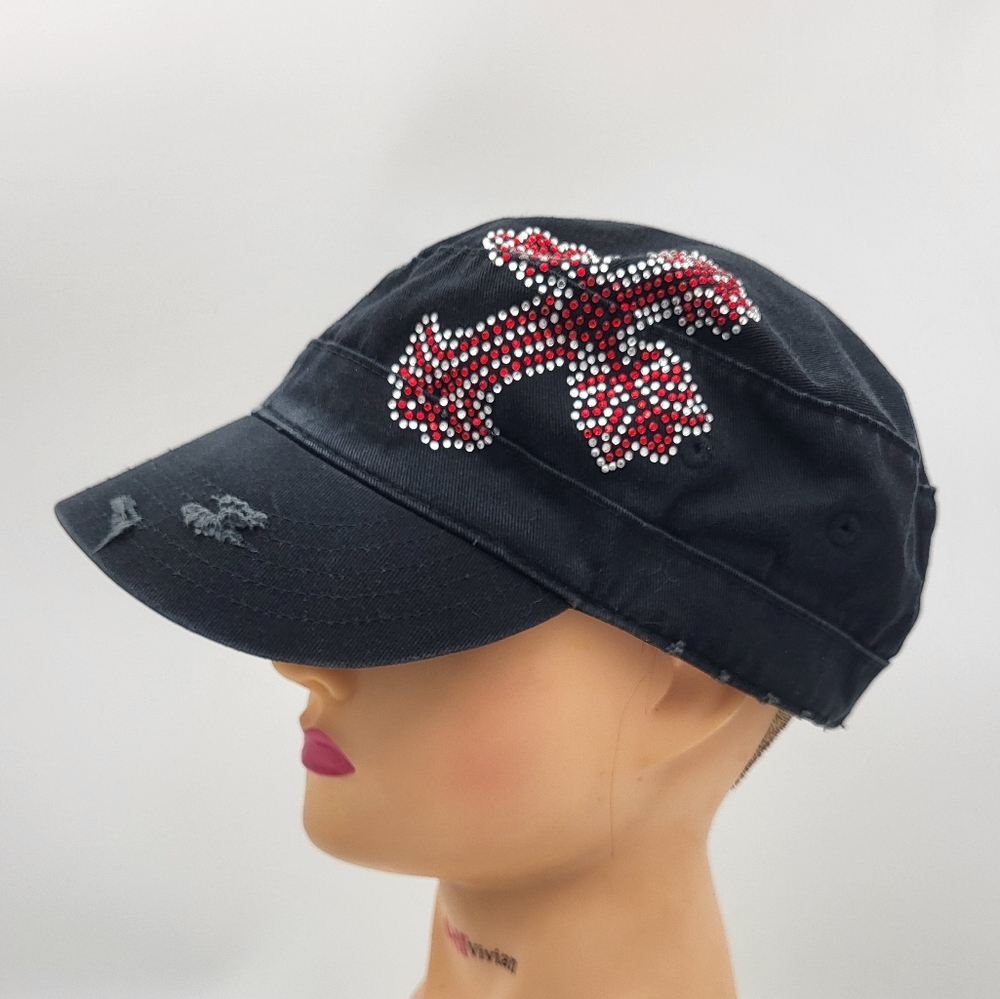 Black Distressed Hat with Rhinestone Cross - Buckle